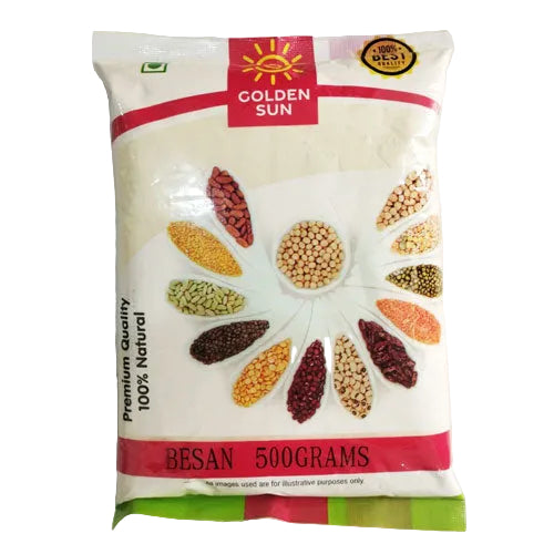 Packaging of Golden Sun Besan with various legumes on a white background