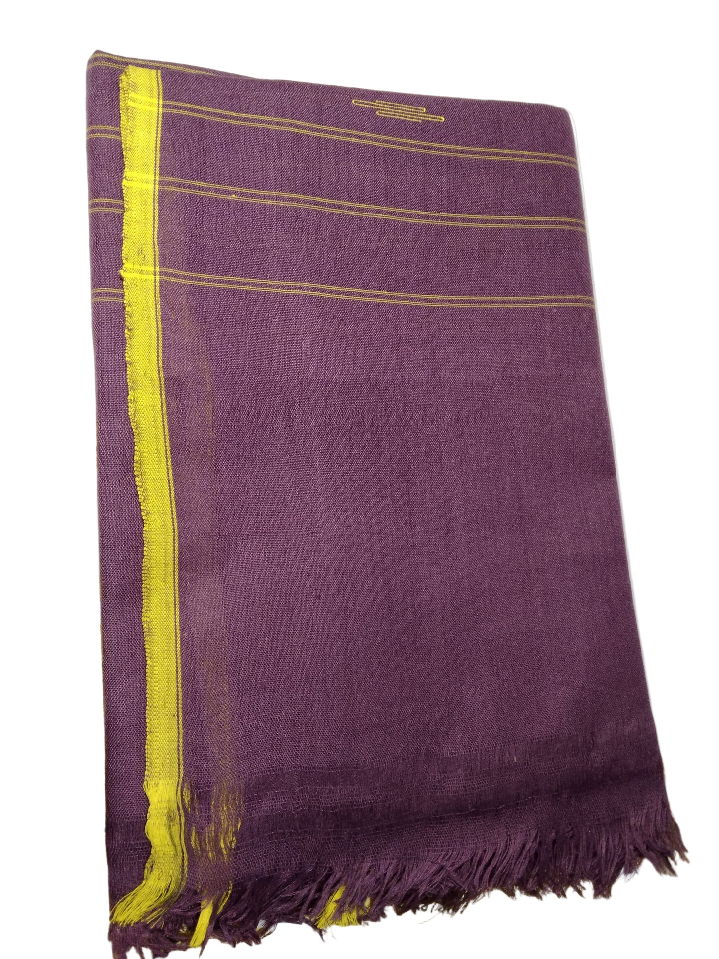 Purple scarf with yellow edges on a white background