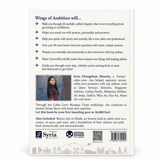 Wings of Ambition book back cover with cabin crew career and interview guide details