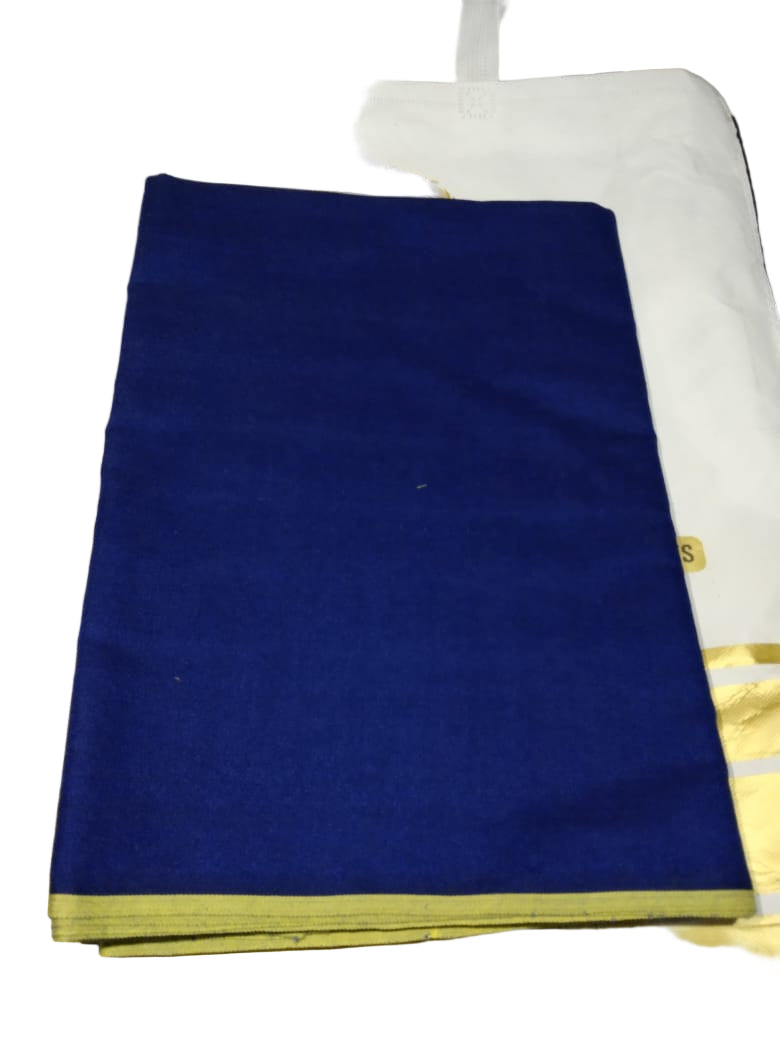 Blue fabric with gold border on a white background