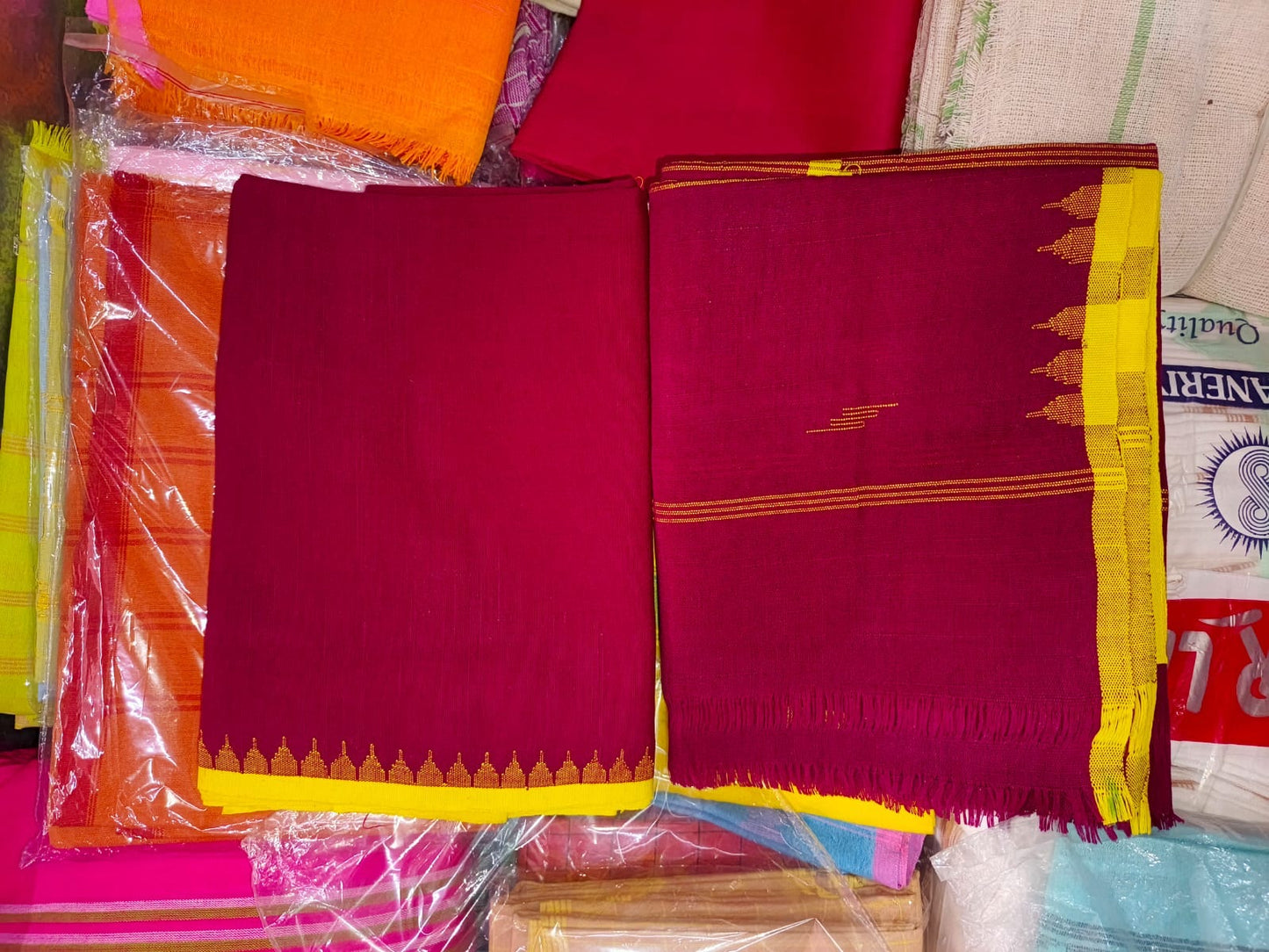 Lenin Muga Suit (maroon, yellow border) - Traditional Manipuri Fanek