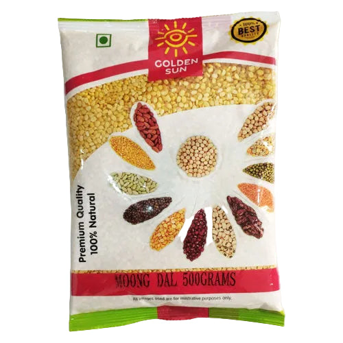 Packaging of Golden Sun Moong Dal with images of different types of dal on a white background