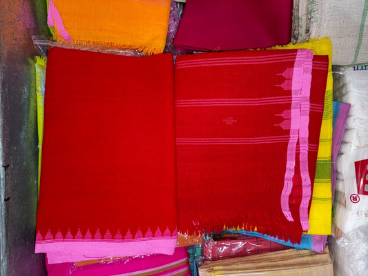 Lenin Muga Suit (red, light border) - Traditional Manipuri Fanek