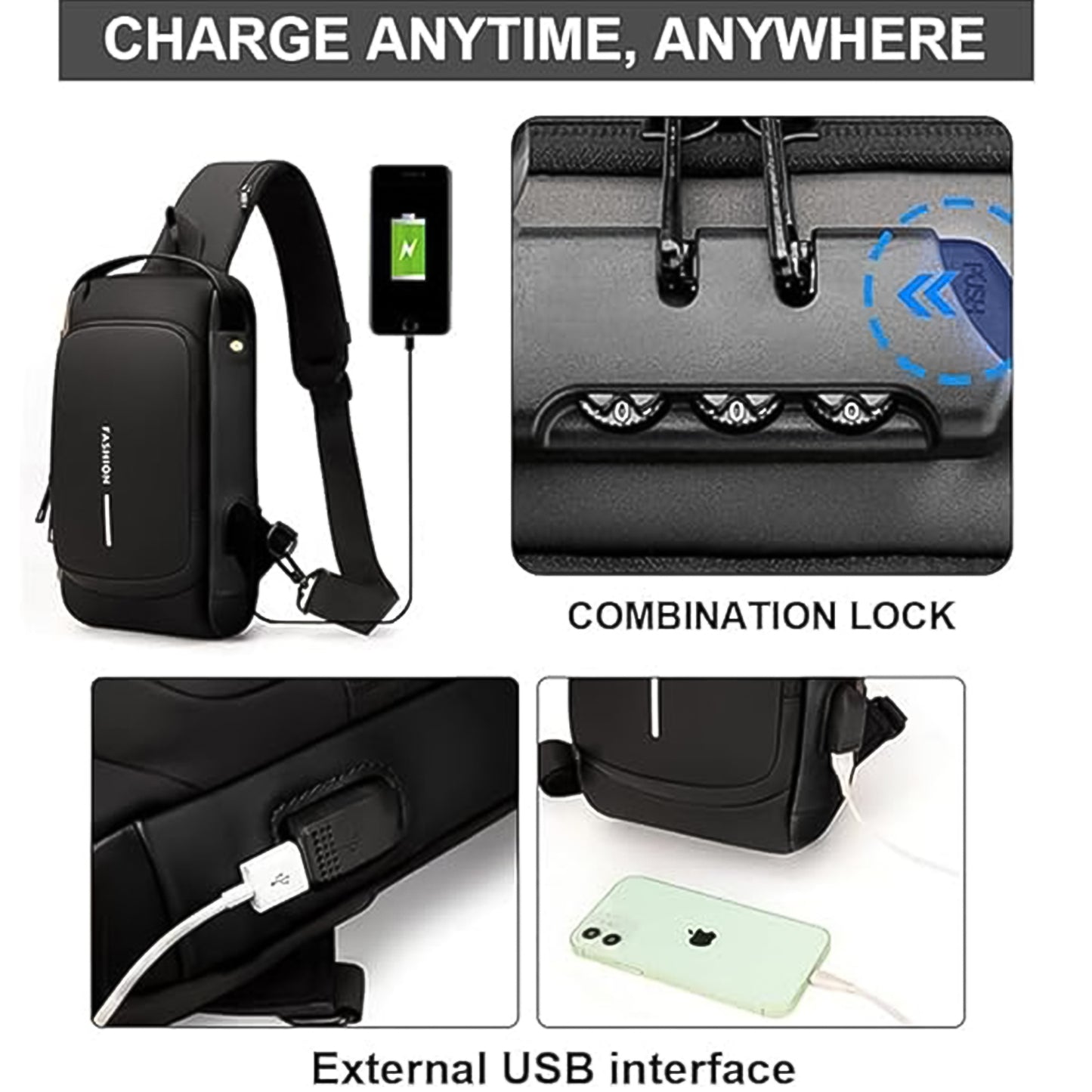 Trendy Anti-theft Crossbody Sling Bag With Usb Charging Port (1 Pc)