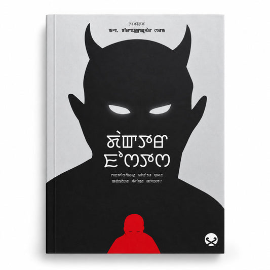 Book cover featuring a dark masked-face silhouette and red figure, with the title printed in Meitei Mayek script.