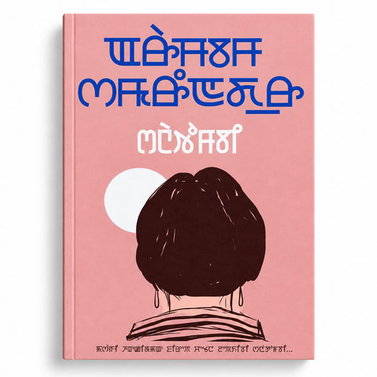 Front cover of Sanatombi by Arambam Samarendra, showing a woman seen from behind with her hair tied in a bun against a pink background, with a white circle behind her head and the title in Meetei Mayek script.