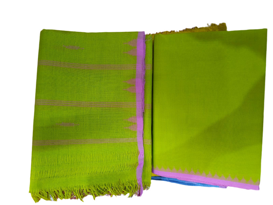 Lenin Muga Suit (parrot colour, purple border) - Traditional Manipuri Fanek