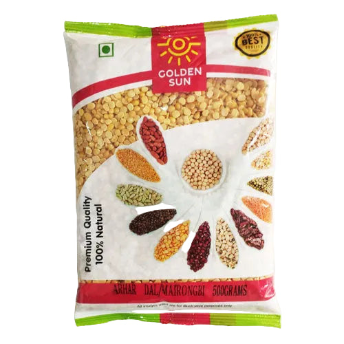 Packaging of Golden Sun arhar dal mairongi with various legumes on a white background