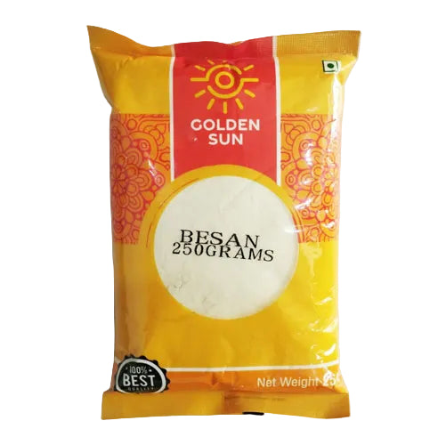Packaged product labeled 'Golden Sun Besan 250 grams' on a white background