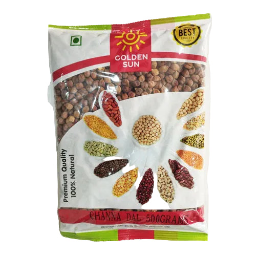 Packaged chana dal with Golden Sun branding on a white background