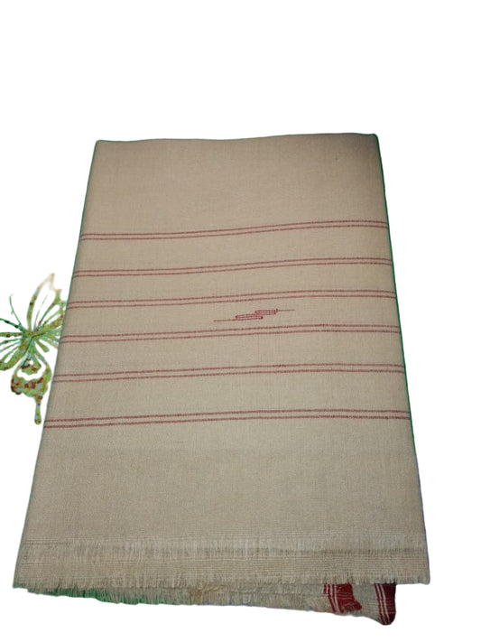 Beige fabric with red lines on a green textured background