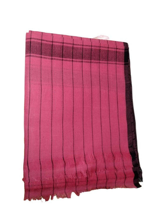 Pink and black striped fabric on a white background with visible branding.