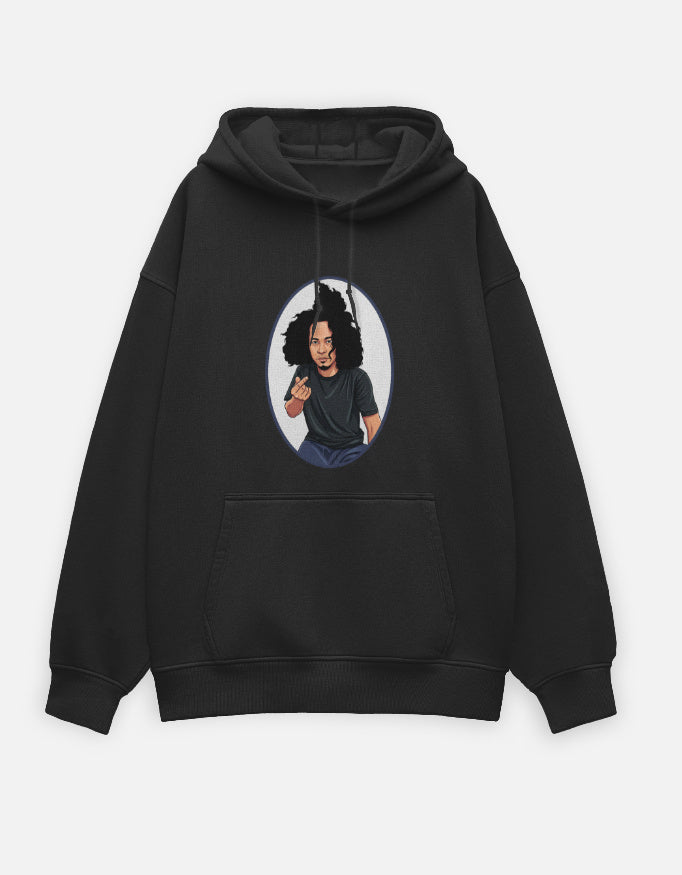 Black oversized hoodie with large circular portrait print of Dee To TheNesh making a finger-love gesture
