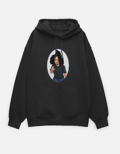 Black oversized hoodie with large circular portrait print of Dee To TheNesh making a finger-love gesture