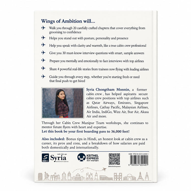Wings of Ambition book back cover with cabin crew career and interview guide details