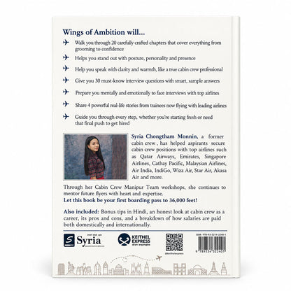 Wings of Ambition book back cover with cabin crew career and interview guide details