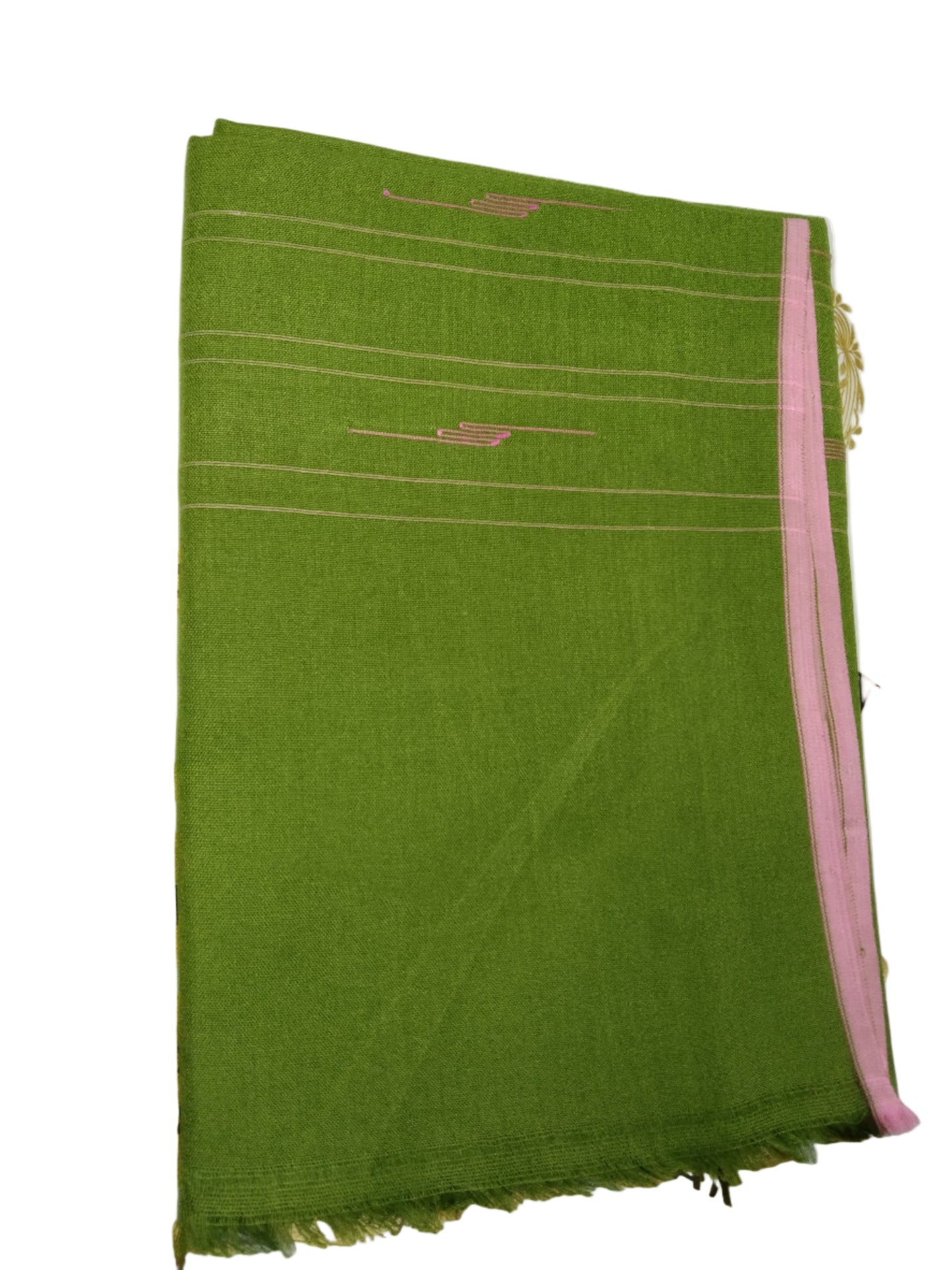 Green fabric with pink border on a white background
