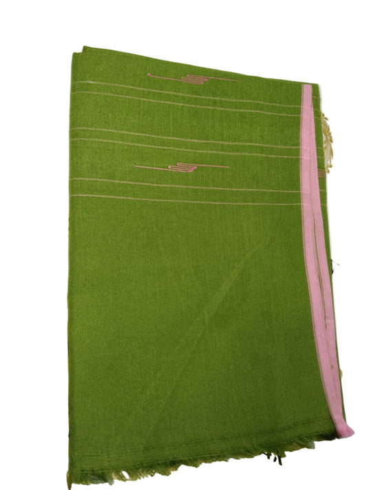 Green fabric with pink border on a white background