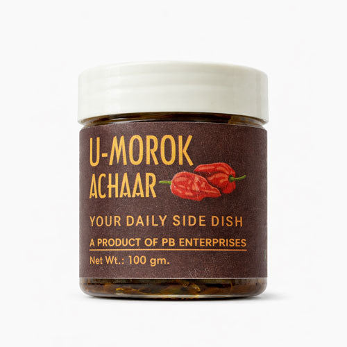 U-Morok achar king chilli pickle Bhut Jolokia ghost pepper pickle PB Enterprises jar