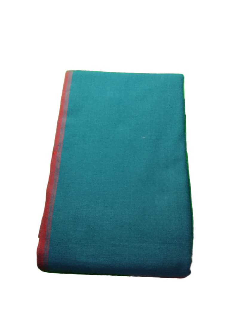 Teal fabric with red border on a green textured surface