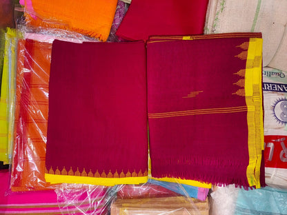 Lenin Muga Suit (maroon, yellow border) - Traditional Manipuri Fanek