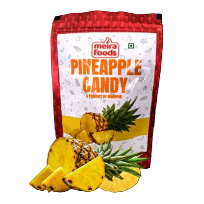 Meira Foods Pineapple Candy packaging with pineapple slices and leaves on a dark background
