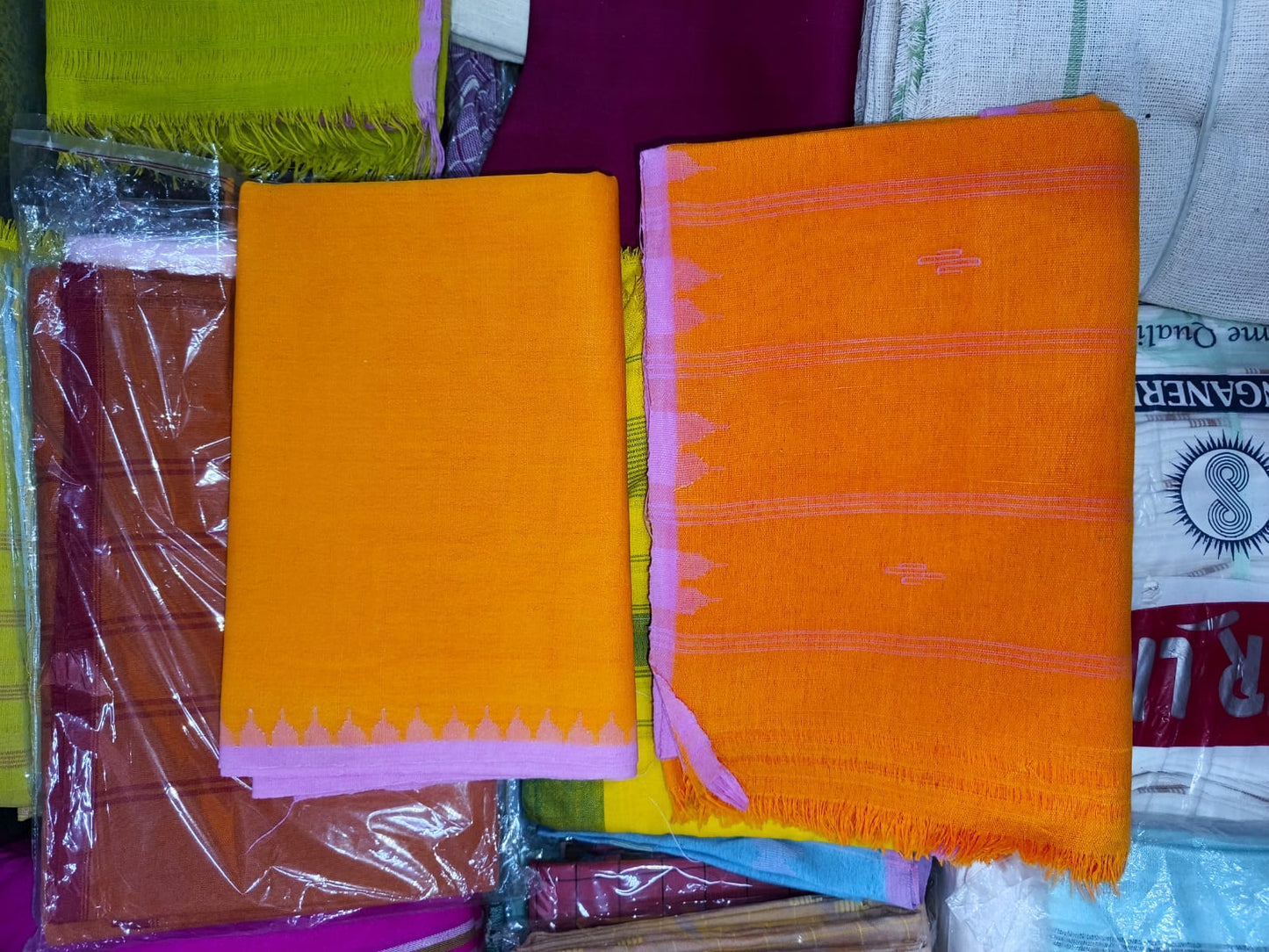 Lenin Muga Suit (orange, purple border) - Traditional Manipuri Fanek