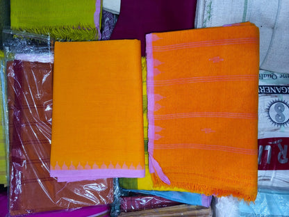 Lenin Muga Suit (orange, purple border) - Traditional Manipuri Fanek