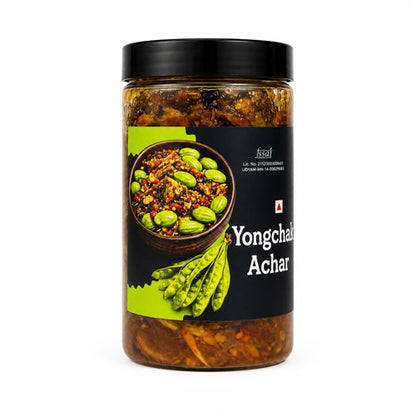 A jar of Yongchai Achar (pickled green beans) from the brand fsoi, featuring a black lid and a black label with green accents and an image of the prepared food.